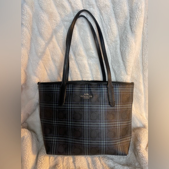 Coach Handbags - Coach purse beautiful large tote black with blue/green plaid great condition